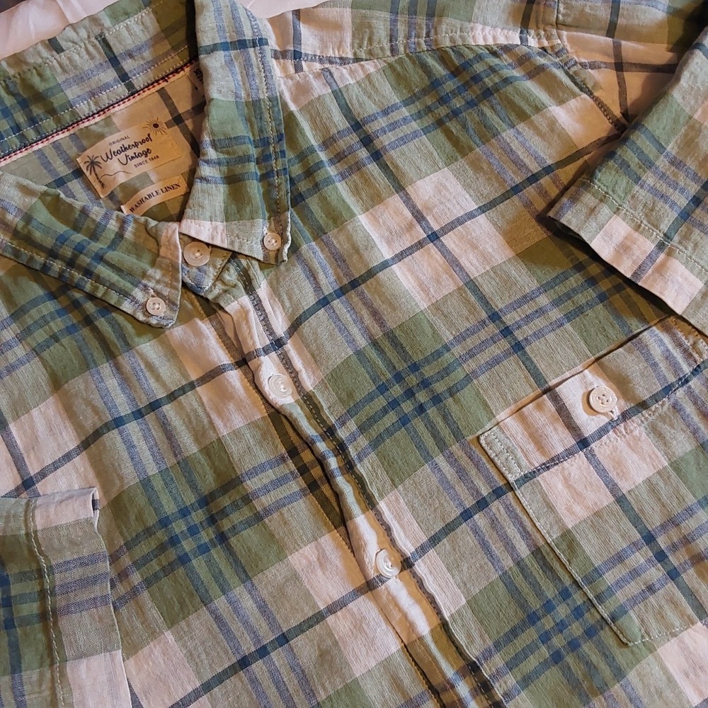 Weatherproof Vintage Men's Linen Button Down Shirt Green & White Plaid Sz. XL